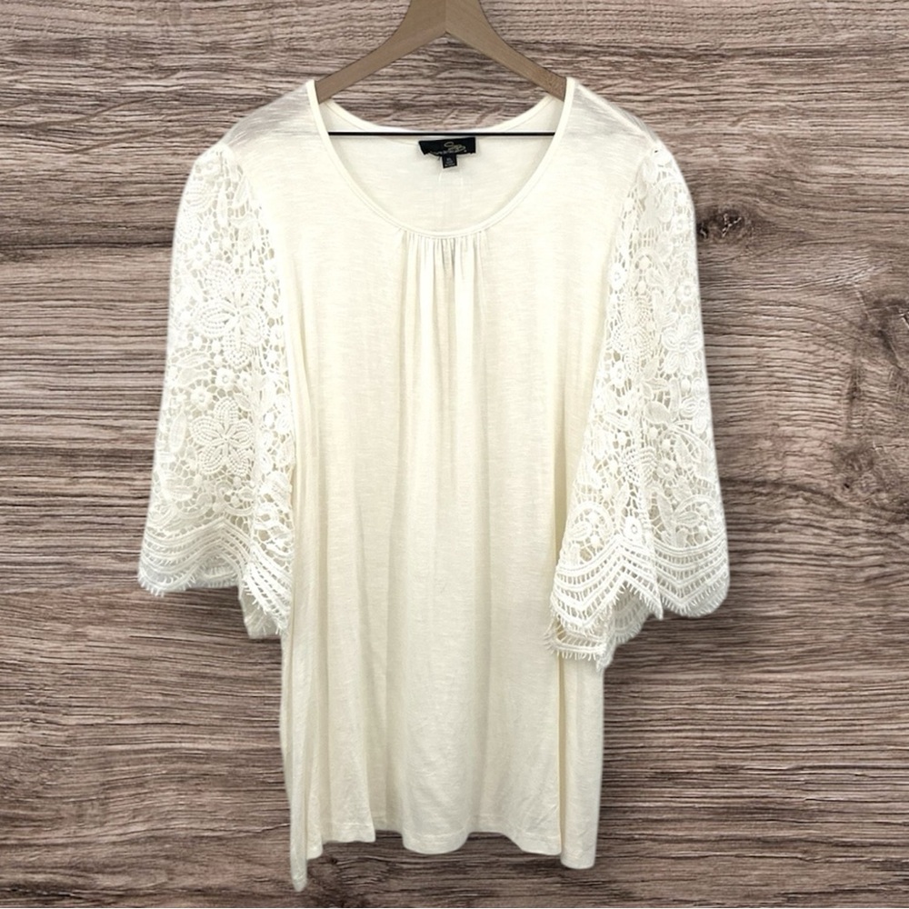 Suzanne Betro Tunic Top Women’s XL Ivory Crochet Angel Sleeve Boho Hippie Bridal
